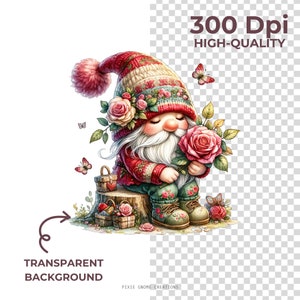 Watercolor Valentines Rose Floral Gnome Clipart PNG Bundle, Garden ...