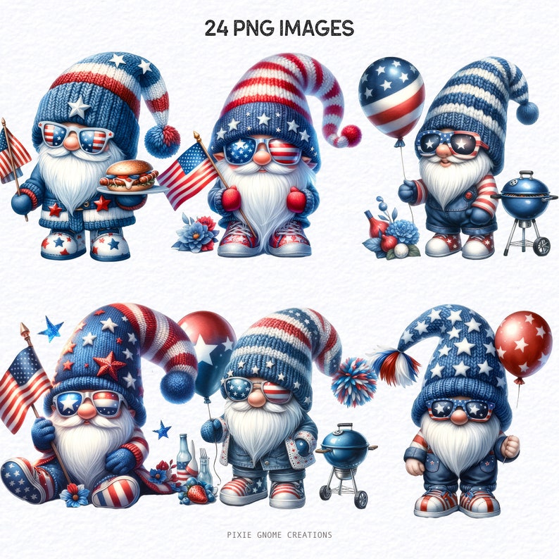 Watercolor Patriotic Gnome Png Clipart Bundle, 4th of July Gnomes ...