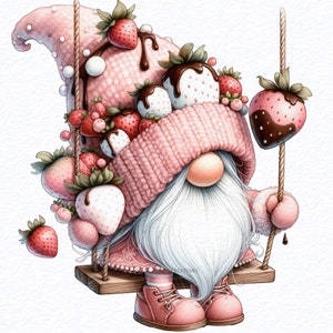 Watercolor Easter Strawberry Chocolate Gnome Png Clipart Bundle, Chocolate Cupcake, Gnome Wall Art, Spring gnome png, Sublimation Designs