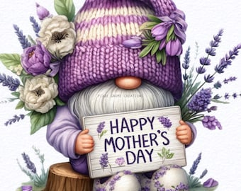 Watercolor Mothers Day Valentines Floral Gnome Clipart PNG, happy mothers day, mom gnome png, Mom PNG, Garden Gnome Flowers, Spring Gnome