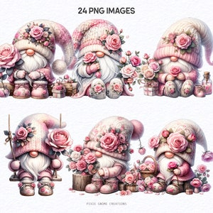 Watercolor Valentines Rose Floral Gnome Clipart PNG Bundle, Garden ...