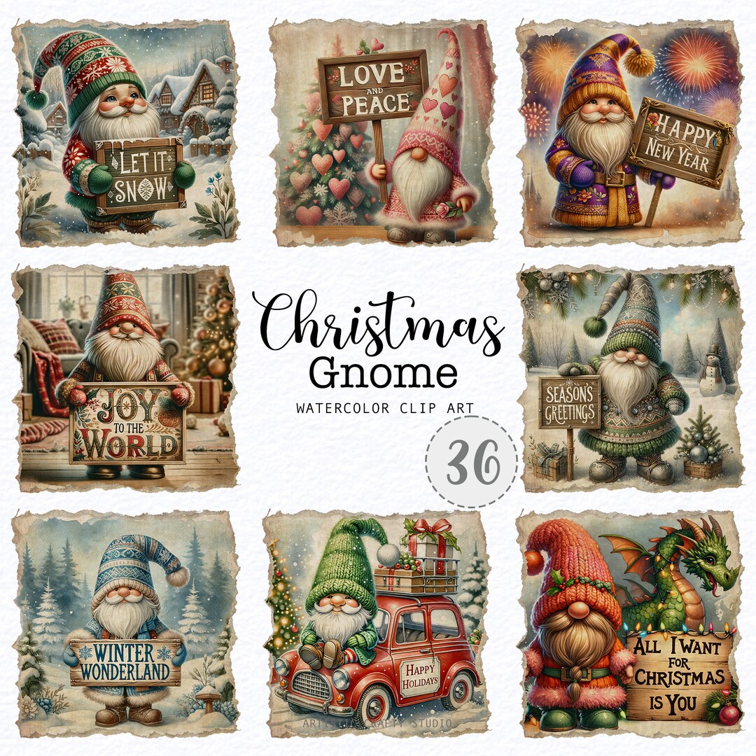 Vintage Christmas Gnomes Clipart, Watercolor Gnomes Clipart, Memory Books, Junk Journals