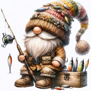 Watercolor Fisherman Gnome clipart bundle Png, Fishing gnome, fly fishing clipart watercolor, bass fishing clipart, Sublimation Designs.