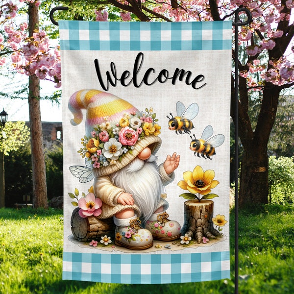 12x18 Sunflower BumbleBee Gnome Garden Flag, Welcome Garden Flag Png, Outdoor spring garden flag, Spring Flag Yard Sign, Welcome Sign.