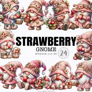 May include: Watercolor clip art featuring strawberry gnomes in pink and white outfits, holding strawberries and baskets. The image includes the text "STRAWBERRY GNOME WATERCOLOR CLIP ART 24".
