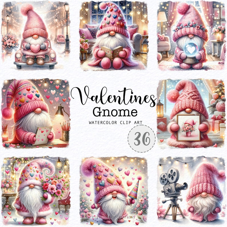 Pink Gnomes Clipart, Watercolor Valentines Gnomes Clipart, Valentines ...