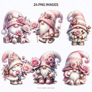Watercolor Valentines Rose Floral Gnome Clipart PNG Bundle, Garden ...