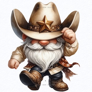 May include: A gnome wearing a brown cowboy hat with a gold star and a white beard. He is wearing a brown and white shirt with a red bandana and brown boots.