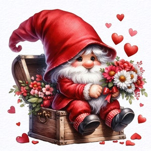 Puede incluir: Ilustración en acuarela de un gnomo con sombrero y traje rojos, sentado en un cofre de madera. El gnomo tiene una larga barba blanca y sostiene un ramo de flores rojas y blancas. Corazones rojos flotan en el fondo.