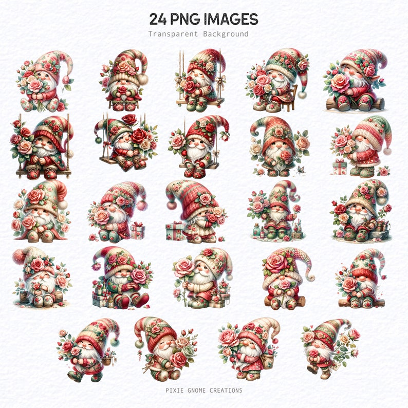 Watercolor Valentines Rose Floral Gnome Clipart PNG Bundle, Garden ...