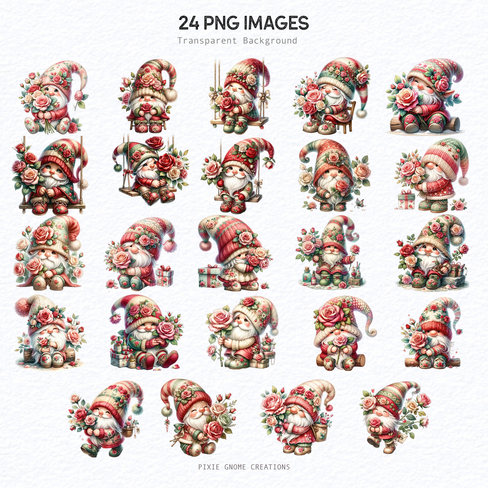 Watercolor Valentines Rose Floral Gnome Clipart PNG Bundle, Garden ...