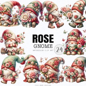 Watercolor Valentines Rose Floral Gnome Clipart PNG Bundle, Garden ...