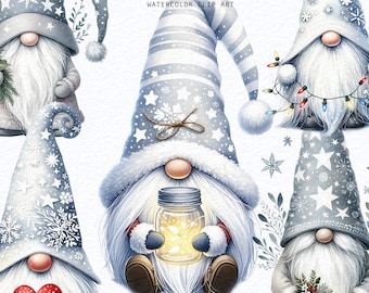 30 Watercolor Gnome bundle png, Watercolor White Christmas Gnomes clipart, White gnome clipart, Christmas gnomes clip art, Winter holidays,