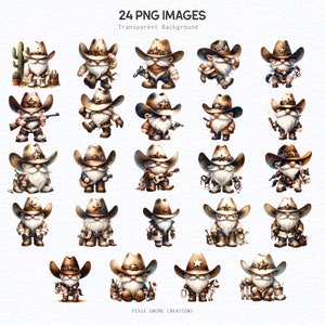 May include: 24 digital illustrations of gnomes dressed as cowboys. Each gnome is wearing a brown cowboy hat with a star, a brown vest, and blue jeans. The gnomes are holding various props, such as a guitar, a lasso, a gun, and a horse. The background is white.