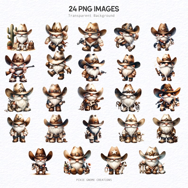 May include: 24 digital illustrations of gnomes dressed as cowboys. Each gnome is wearing a brown cowboy hat with a star, a brown vest, and blue jeans. The gnomes are holding various props, such as a guitar, a lasso, a gun, and a horse. The background is white.