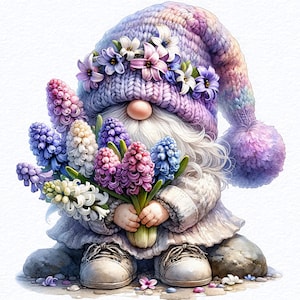 Watercolor Hyacinth Gnome Clipart Bundles, Gnome With Flowers, Clipart For Gardeners, Spring Gnomes, Sublimation Designs Downloads