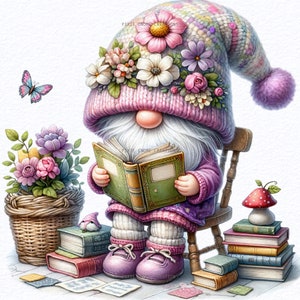 Watercolor Book Flower Gnome clipart bundle Png, Garden clipart, Spring gnome png, Gnome With Flowers, Summer gnome png, Sublimation Designs