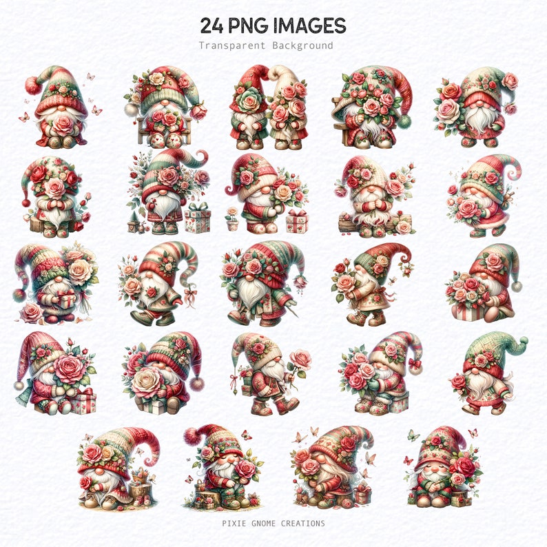 Watercolor Valentines Rose Floral Gnome Clipart PNG Bundle, Garden ...