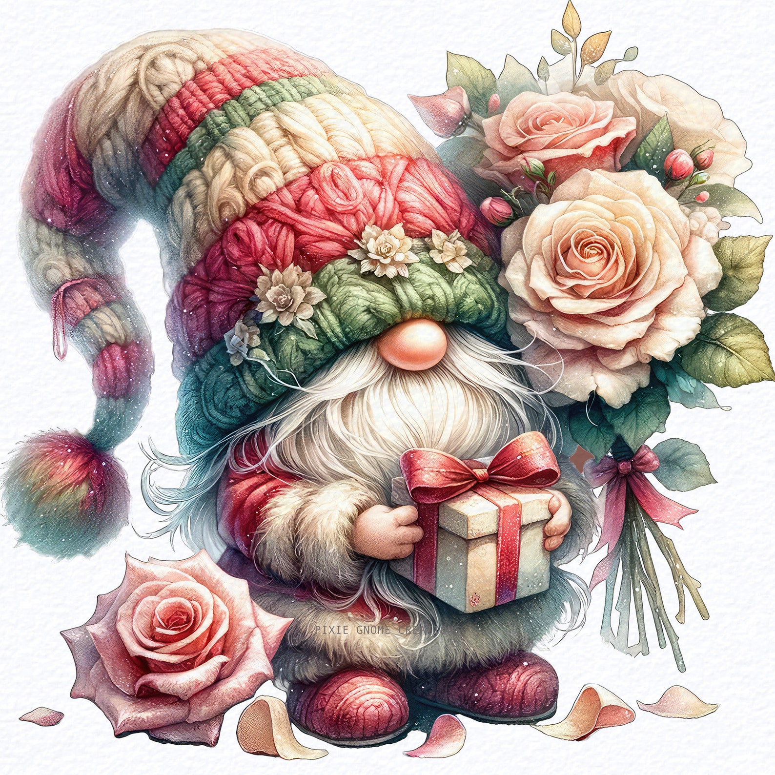 Watercolor Valentines Rose Floral Gnome Clipart PNG Bundle, Garden ...
