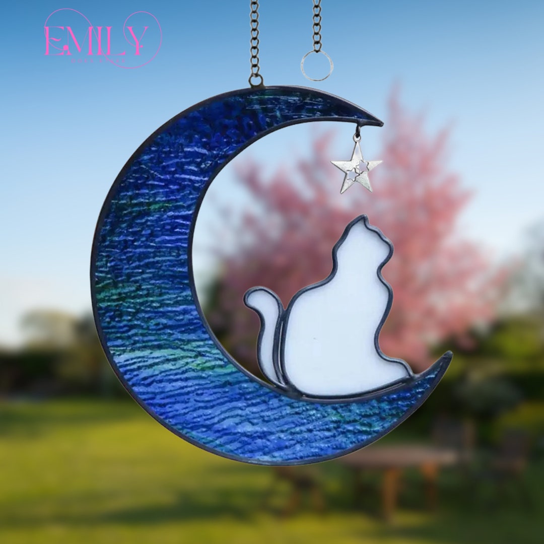 Cat on the Moon,art Stained Glass Window Hanging Suncatcher,gift for ...