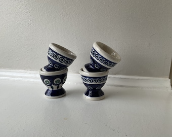 Set of 4 Blue Swirl Polish Pottery Egg Cups - Handmade in Boleslawiec, Poland