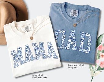 Comfort Colors® Floral Mama And Dad Shirts, Matching New Parents Outfit, Custom Pregnancy Reveal Gift, Baby Shower Apparel For Mom And Dad