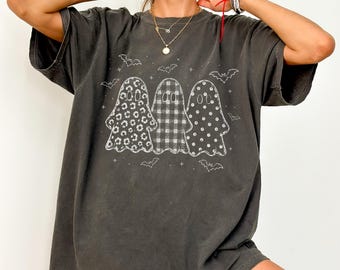 Comfort Colors® Retro Halloween Ghost Trio Shirt, Checkerboard Leopard Polka Dot Ghosts Tee, Halloween Ghost Outline Shirt, Spooky Halloween
