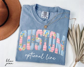 Comfort Colors® Floral Custom Text Shirt, Personalized Faux Patchwork Name Tee, Chinoiserie Mama Shirt, Kids Name Tee, Birthday Gift For Her