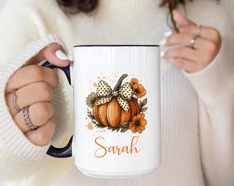Personalized Pumpkin Mug With Bow, Fall Floral Coffee Cup, Cozy Autumn Drinkware For Her, Custom Name Pumpkin Spice Latte Thanksgiving Gift