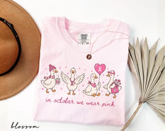 Comfort Colors® In October We Wear Pink Shirt, Funny Goose Cancer Pink Ribbon Tee, Breast Cancer Warrior Gift, Cancer Awareness Support Gift