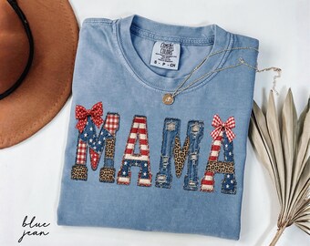 Comfort Colors® Mama Faux Patchwork 4th Of July Shirt, Patriotic Mama Tee, Fourth Of July Gift, American Mama Shirt, Independence Day Gift