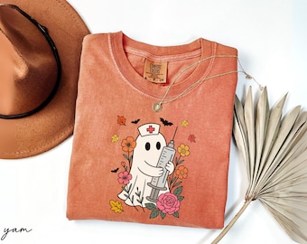 Comfort Colors® Halloween Ghost Nurse Shirt, Floral Nurse Tee, Spooky Fall Nurse Shirt, Spooky Season Shirt,Labor And Delivery Nurse T-Shirt