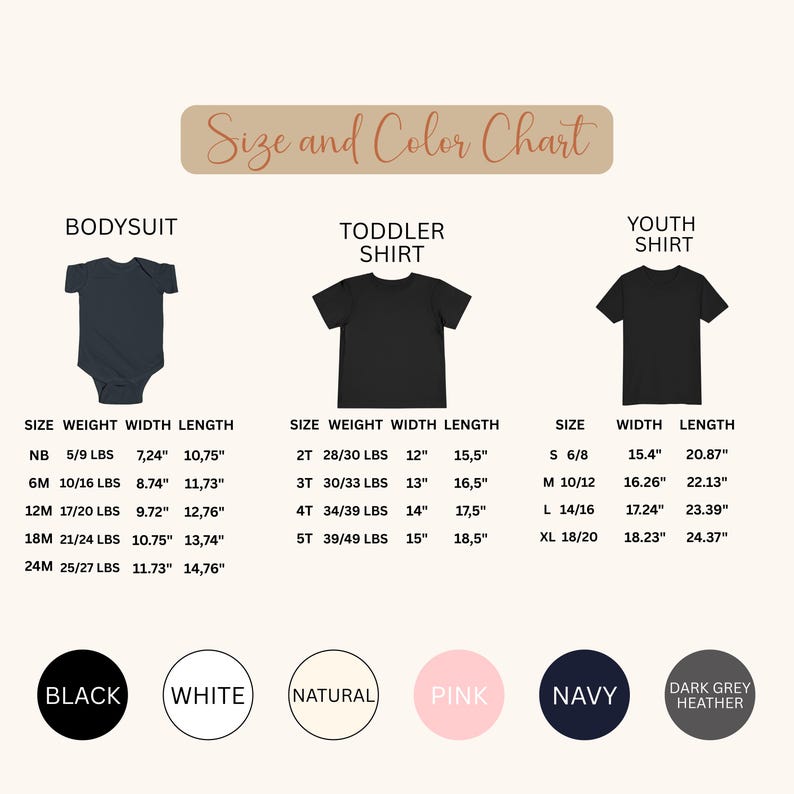 Op de afbeelding: Een maat- en kleurentabel voor rompertjes, peutershirts en jeugdshirts. De tabel bevat afmetingen van maat, gewicht, breedte en lengte in inches en ponden. Kleuropties zijn zwart, wit, naturel, roze, marineblauw en donkergrijs heather.