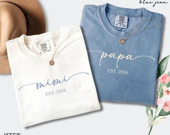 Comfort Colors® Mimi And Papa Shirt, Est. 2026, Personalized Baby Announcement Tees, First Time Grandparents Gift, Matching Reveal Shirt Set