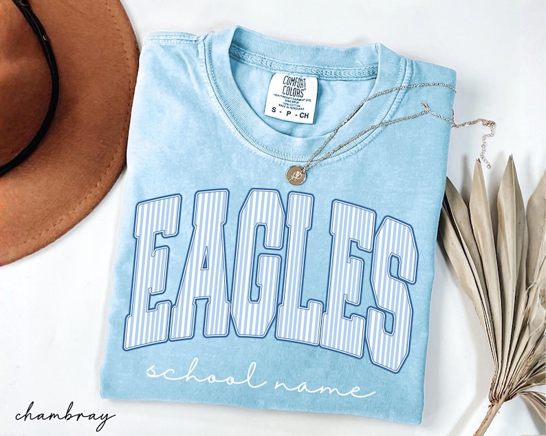 K&ouml;nnte beinhalten: Ein hellblaues Kurzarm-T-Shirt mit Vintage-Waschung. Auf der Vorderseite steht das Wort EAGLES in gro&szlig;en, geschwungenen Blockbuchstaben mit wei&szlig;-blauen Streifen, darunter steht school name in einer wei&szlig;en Schreibschrift.