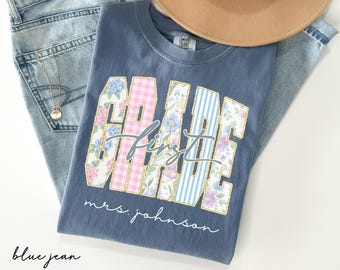 Custom Teacher Last Name Shirt, Floral Grandmillennial First Grade Teacher Tee, 1st Grade Team Shirt, Back to School, Teacher Appreciation