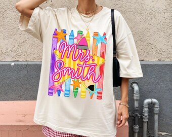 Personalized Teacher Name Shirt, Custom Striped Pencil Crayons Teacher Tee, Back to School Shirt, Teacher Team Tee,Teacher Appreciation Gift