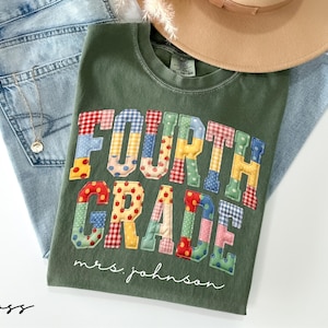 Custom Teacher Last Name Shirt, Faux Patchwork Fourth Grade Teacher Tee, 4th Grade Team Shirt, Back to School Tee, Teacher Appreciation Gift