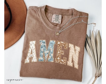 Amen Faux Quilted Shirt, Comfort Colors® Christian Patchwork Tee, Floral Cottagecore Faith Shirt, Church Gift For Women, Jesus Bible Verses
