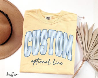 Comfort Colors® Custom Text Shirt, Personalized Blue Stripe Varsity Name Tee, Team Name Shirt, Back to School Teacher Gift, Business Logo