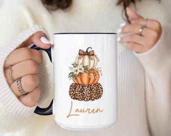 Personalized Fall Pumpkin Mug, Leopard Print Autumn Coffee Cup, Thanksgiving Mug Gift For Her,Pumpkin Spice Latte Lover Cozy Drinkware,Fall
