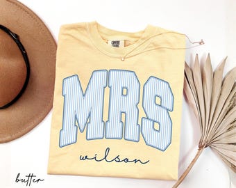 Comfort Colors® Custom Mrs Shirt, Blue Stripe Varsity Bride Tee, Personalized Engagement Gift, Bride to Be, Bridal Shower Gift, Future Mrs