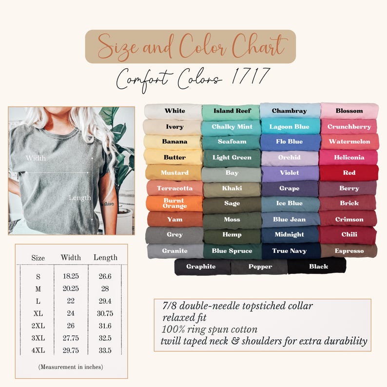 Op de afbeelding: Een maat- en kleurentabel voor Comfort Colors 1717 shirts. De tabel bevat een kleurenpalet met verschillende tinten en een maattabel met afmetingen in inches. Het shirt heeft een 7/8 dubbelgestikte kraag en is gemaakt van 100% ringgesponnen katoen.