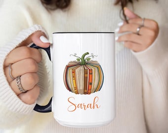 Personalized Fall Book Mug, Custom Pumpkin Coffee Cup For Book Lovers,Cozy Reading Gift For Her,Autumn Leaves Bookish Mug With Name,Fall Mug