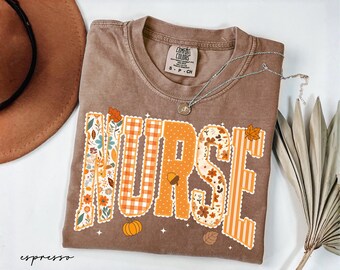 Comfort Colors® Preppy Fall Nurse Shirt, Floral Pumpkin Nurse Tee, Autumn Coquette Registered Nurse Shirt, Thanksgiving Nurse Tee,Nurse Gift