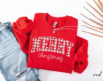Merry Christmas Sweatshirt, Buffalo Plaid Crewneck, Matching Holiday, Cute Xmas Gift For Women, Winter Family Outfit, Cozy Holiday Sweater