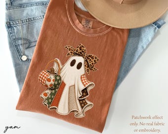 Comfort Colors® Ghost Faux Patchwork Shirt, Coquette Halloween Ghost Tee, Fall Pumpkin Ghost Gift, Spooky Season Tee,Leopard Bow Ghost Shirt