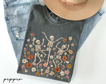 Comfort Colors® Skeleton Dancing Arabesque Shirt, Wildflower Cottagecore Shirt, Halloween Skeleton Floral Tee, Spooky Season Halloween Gift