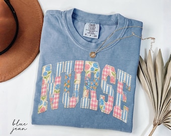 Comfort Colors® Nurse Shirt, Faux Patchwork RN Tee, Floral Toile Nursing Tee, Nurse Graduation Gift, Registered Nurse Gift, Gift for Nurse