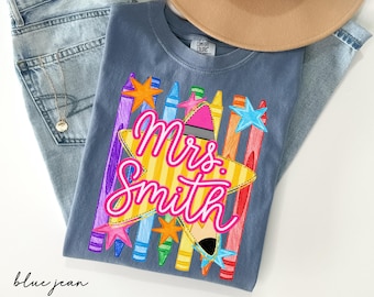 Personalized Teacher Name Shirt, Custom Striped Pencil Crayons Teacher Tee, Back to School Shirt, Teacher Team Tee,Teacher Appreciation Gift
